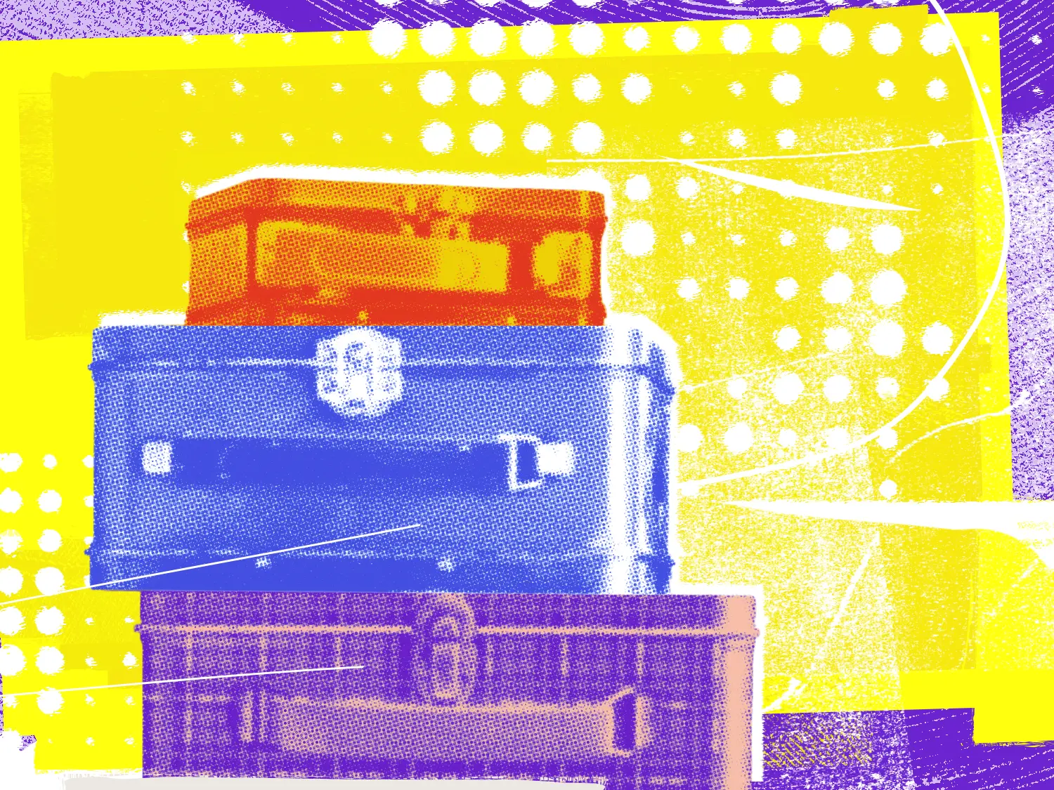 A colorful stack of three suitcases in front of an abstract background.