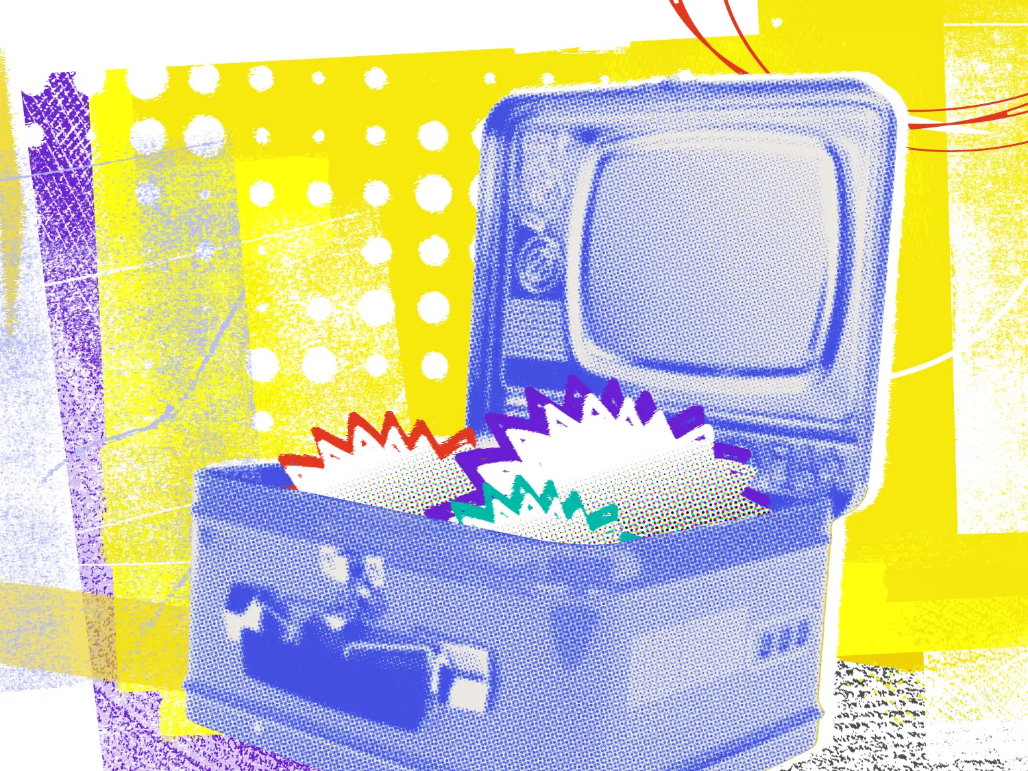 A colorful graphic featuring an open suitcase with a mix of shapes inside, in front of an abstract background.