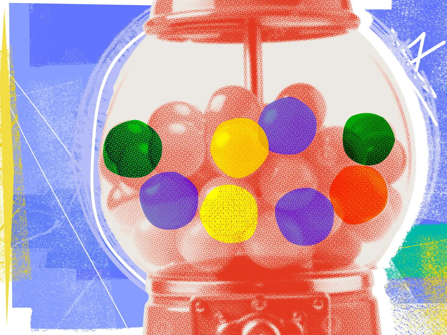 A colorful gum ball machine in front of an abstract background