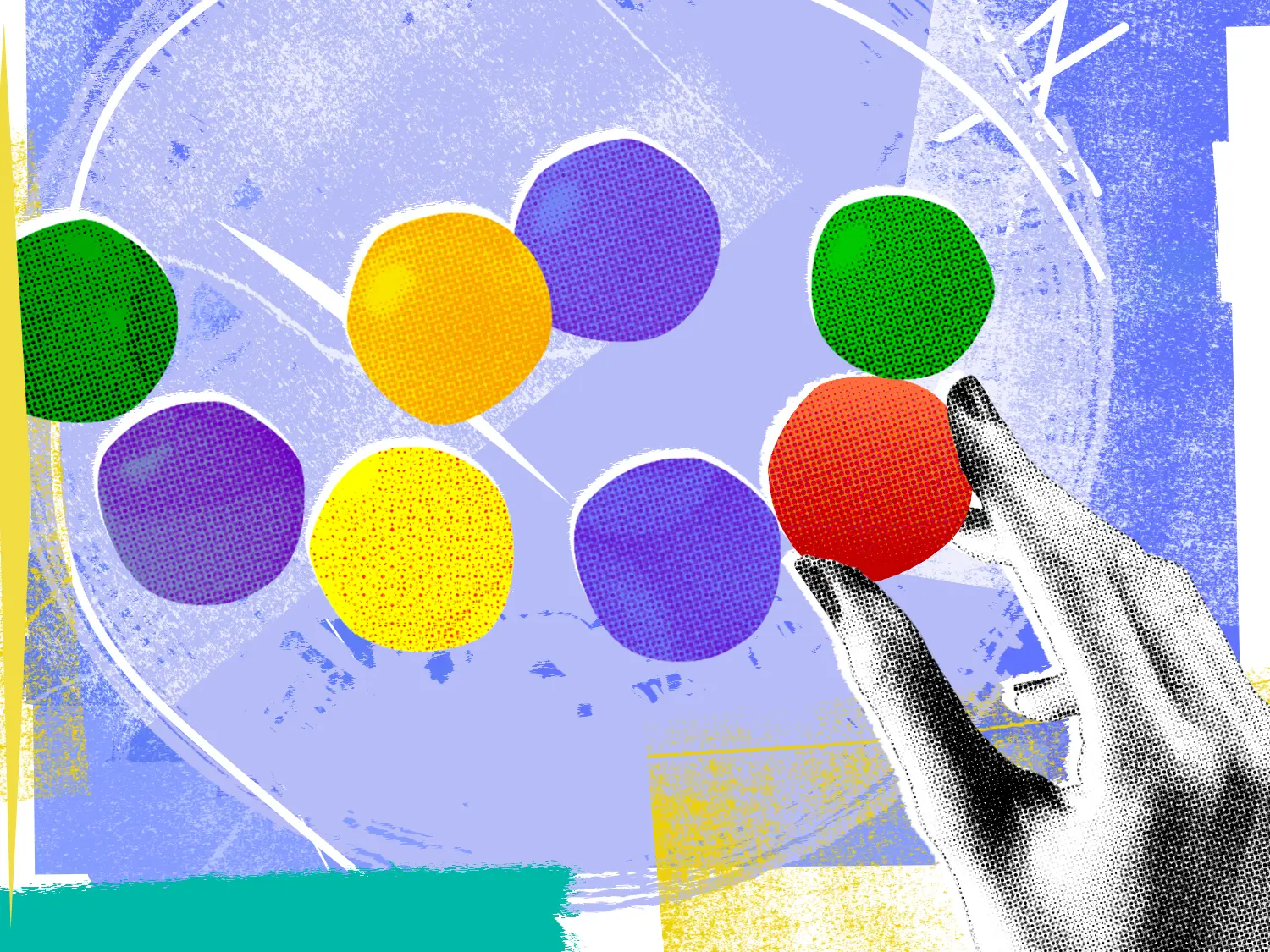 A hand grabs a red gum ball from an assortment of colorful gum balls in front of an abstract background