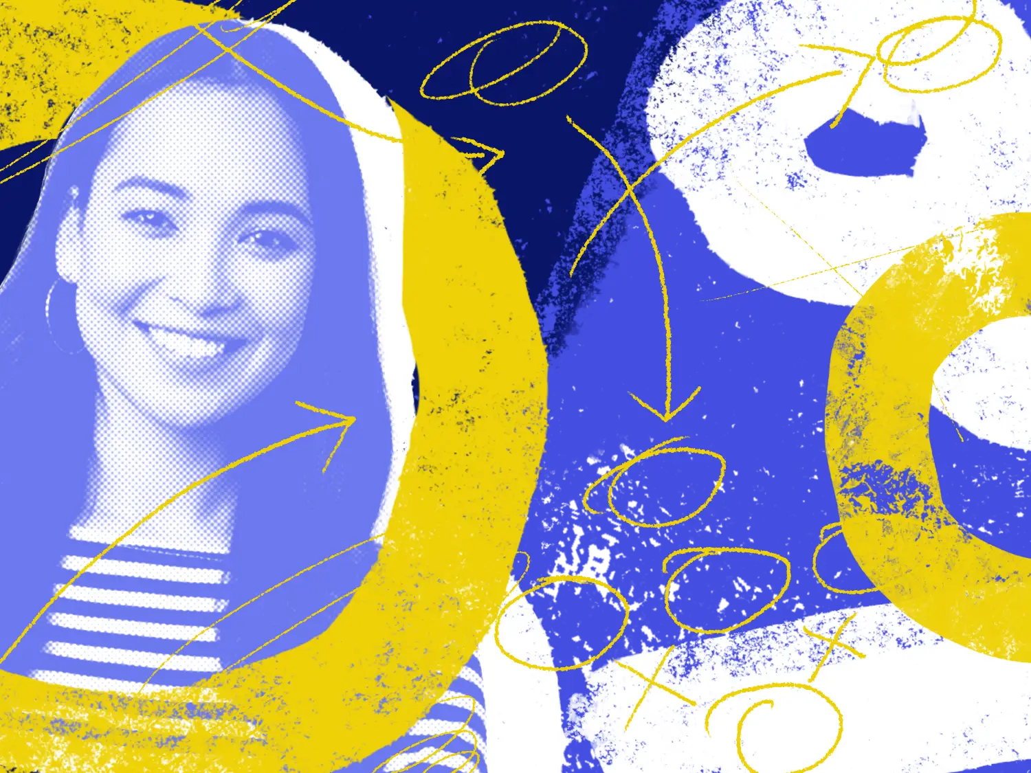 A smiling woman with long hair and a striped shirt in front of an abstract background featuring arrows and circles