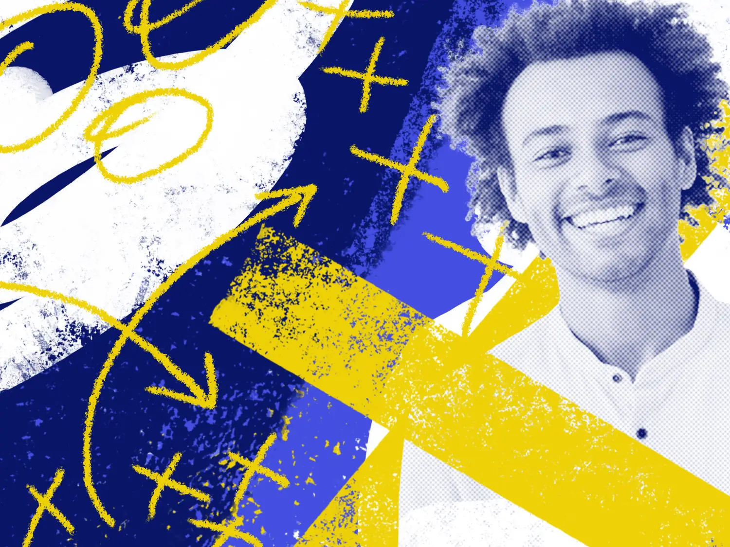 A smiling man wearing a while henley-neck shirt in front of an abstract background featuring arrows, x's and circles