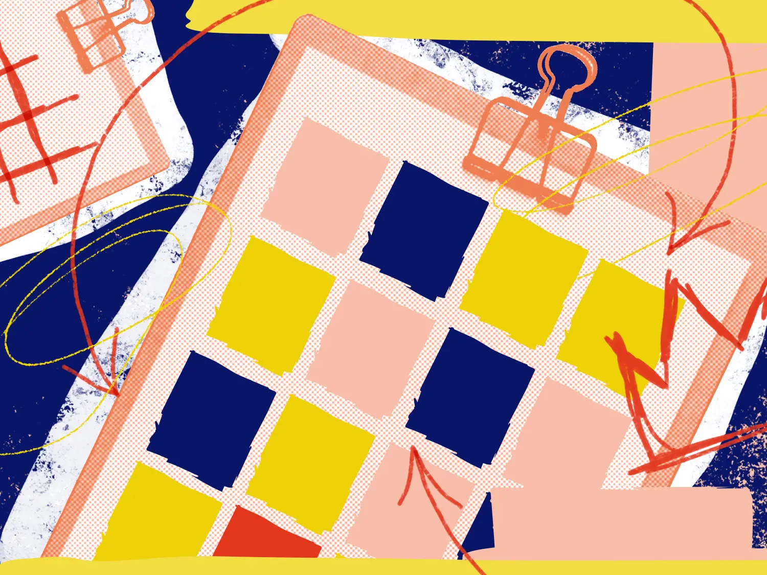 A clipboard with rows of squares in different colors in front of an abstract background with arrows