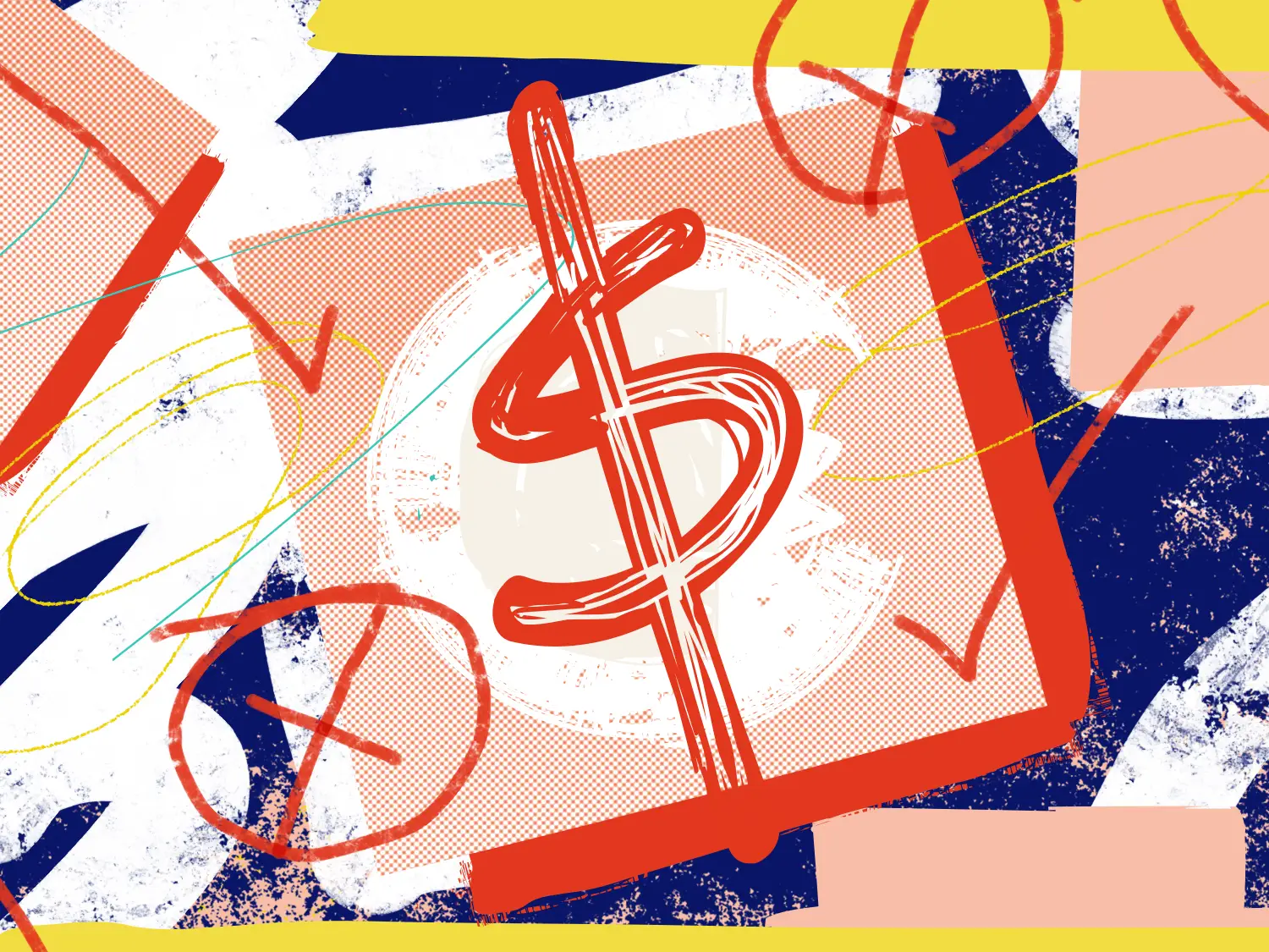 A dollar sign in front of an abstract background featuring Xs and check marks