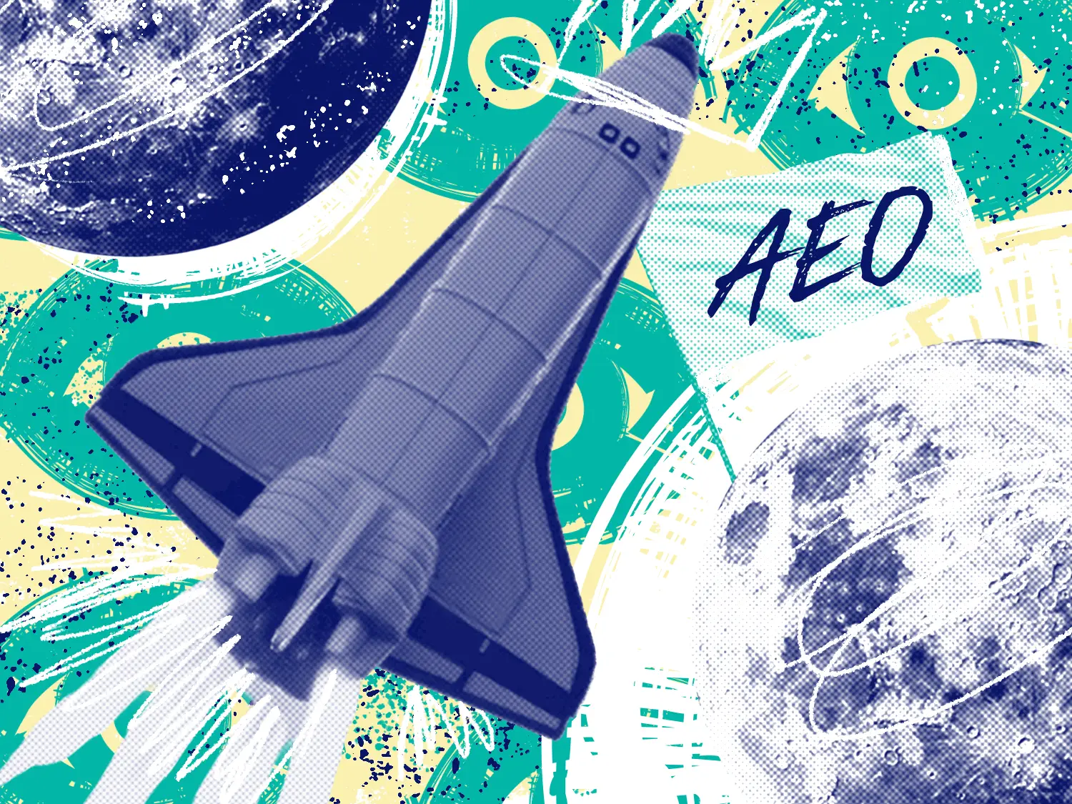A rocket ship in front on an abstract background space-themed with the work AEO in it