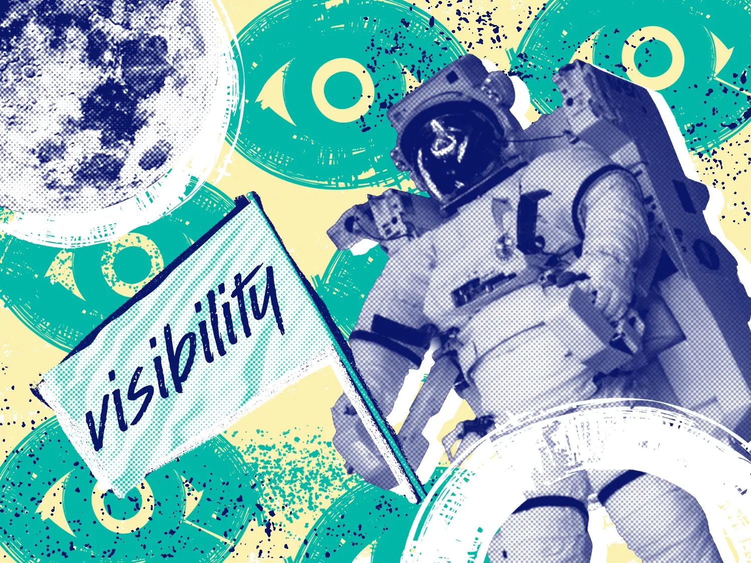 An astronaut in front of an abstract space-themed background with the word visibility on a flag