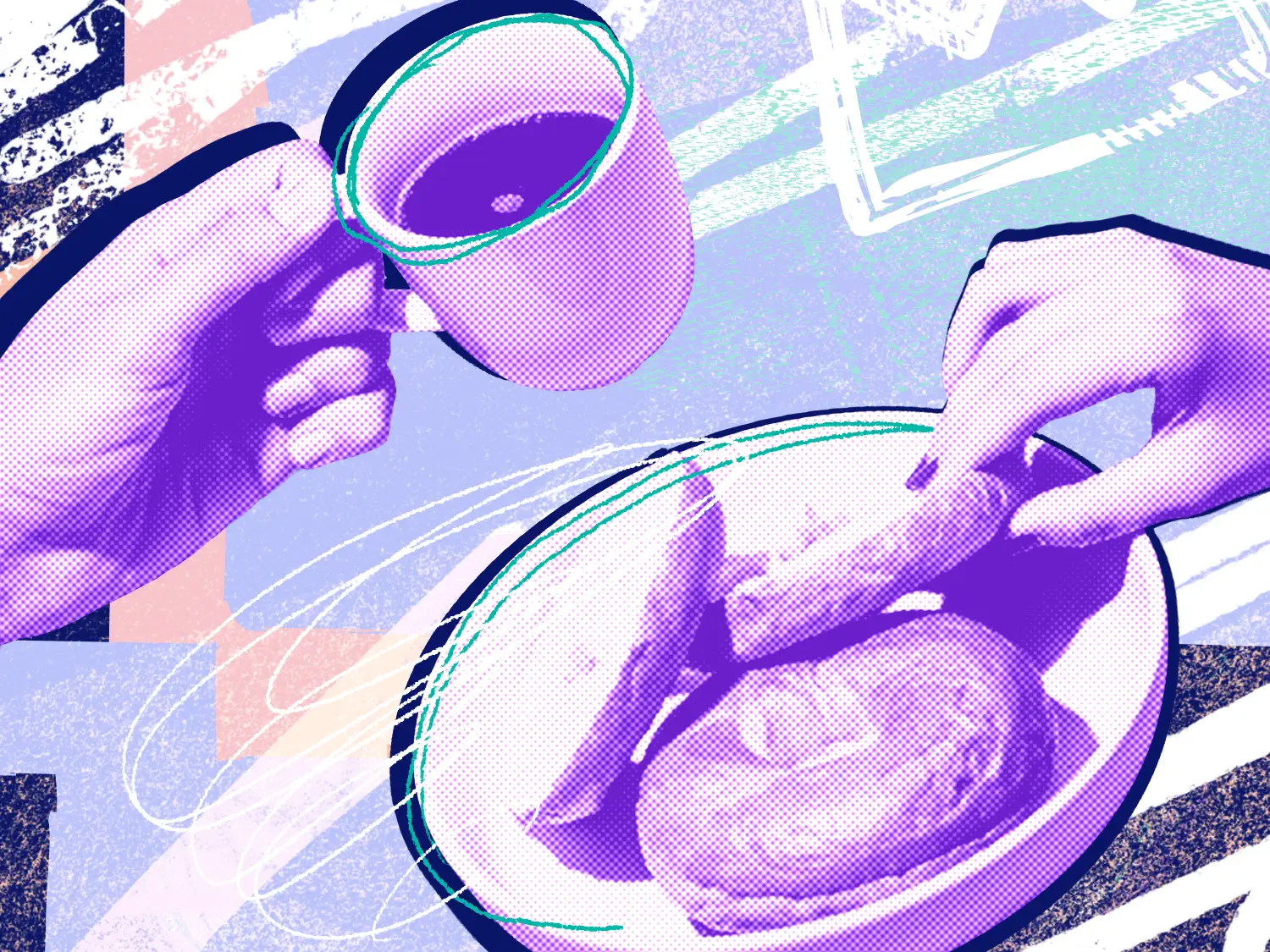 A hand holding a cup of coffee and another hand grabbing a bagel off of a round plate