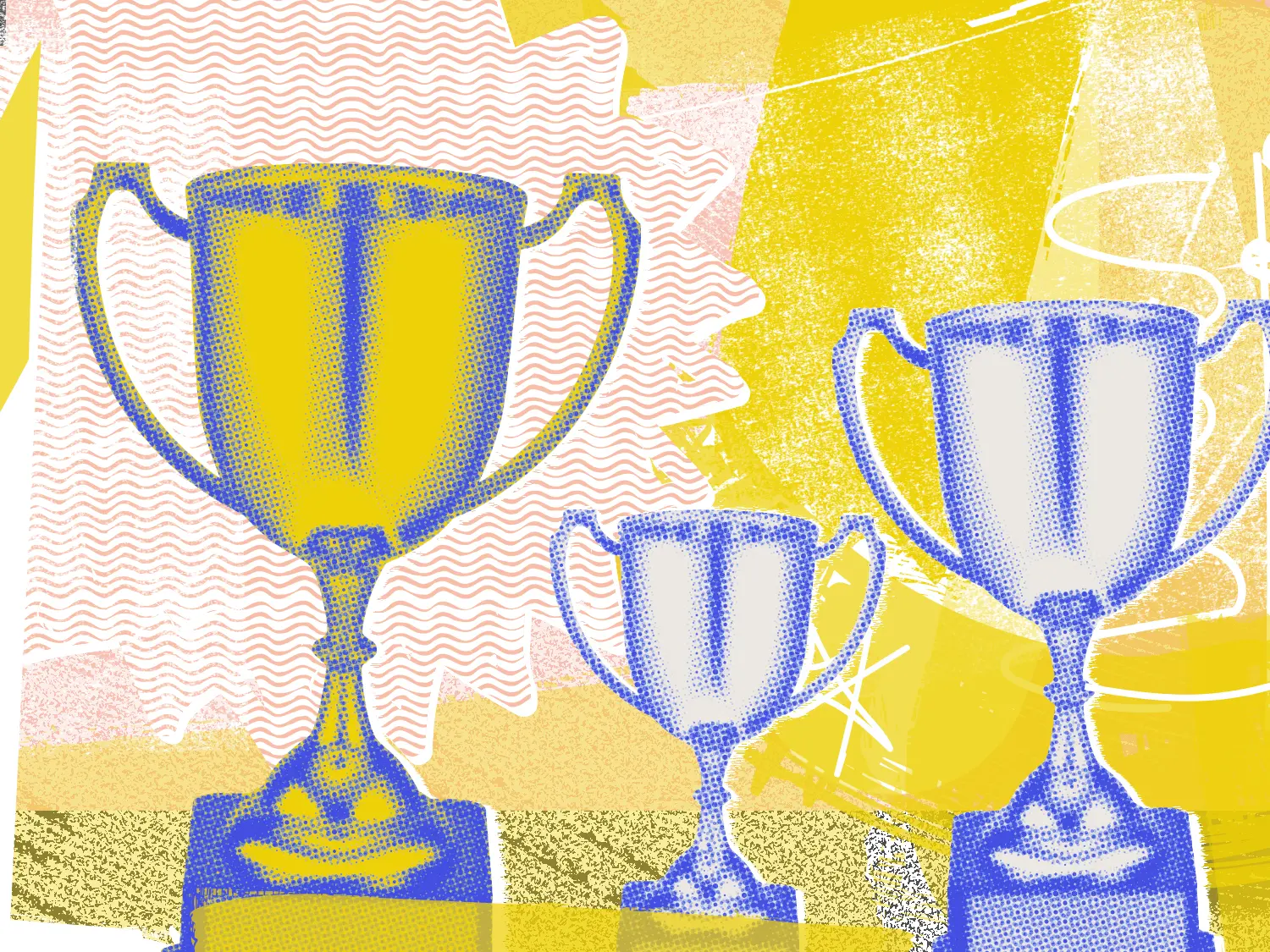 Three trophies in front of an abstract background