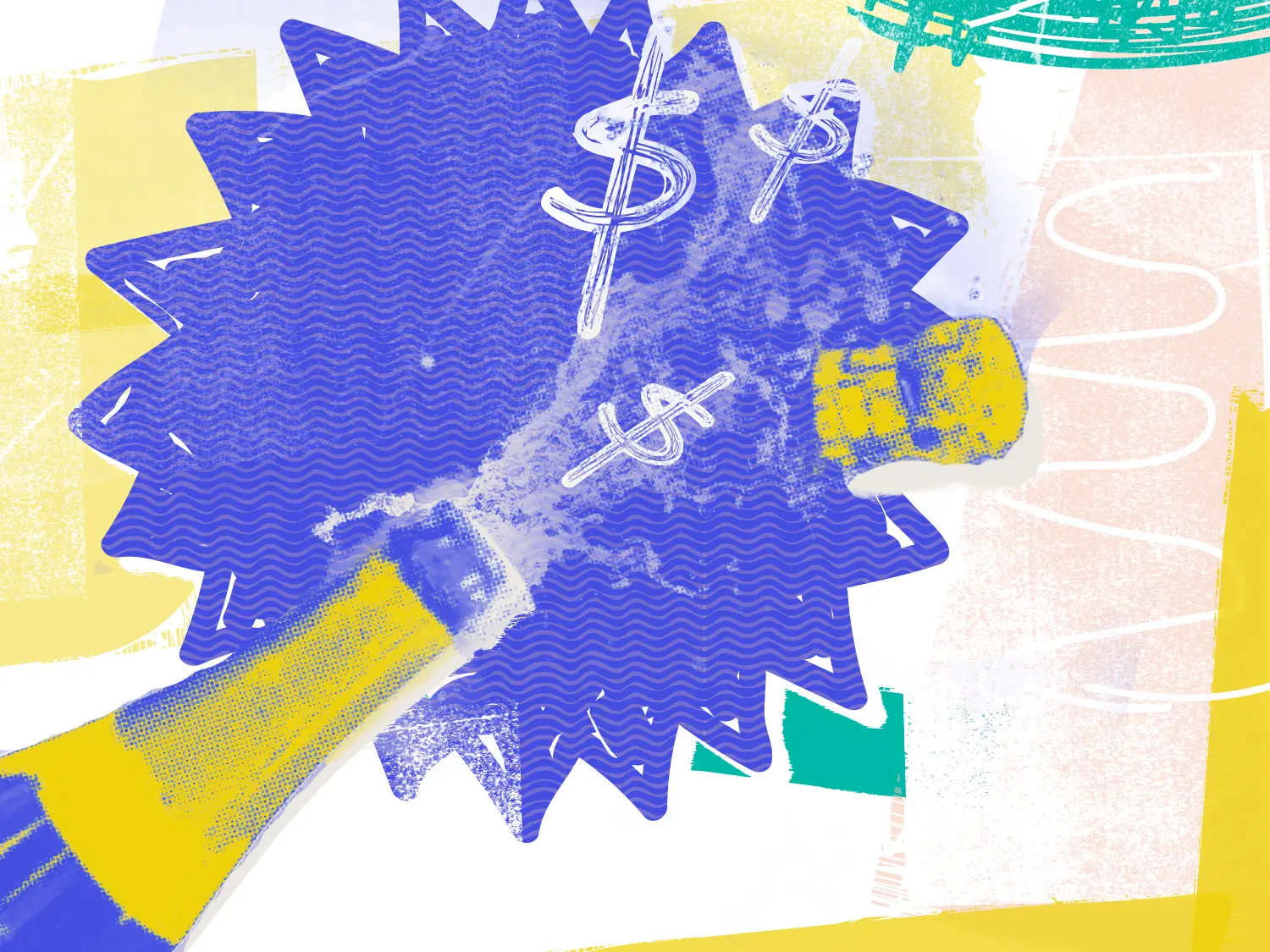 A champagne bottle with the cork popping off to reveal dollar signs.
