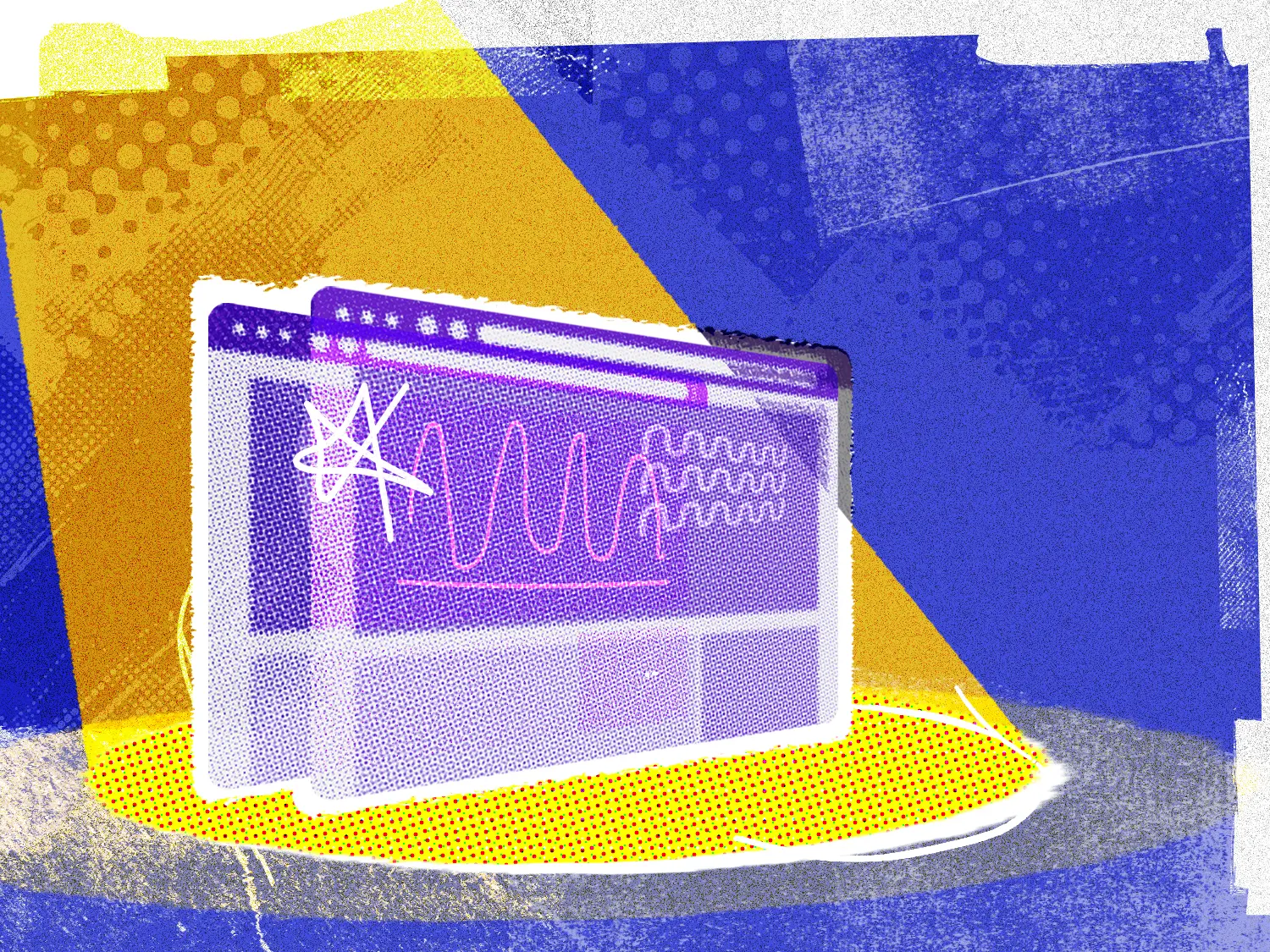 Two abstract search screens in front of a colorful abstract background.