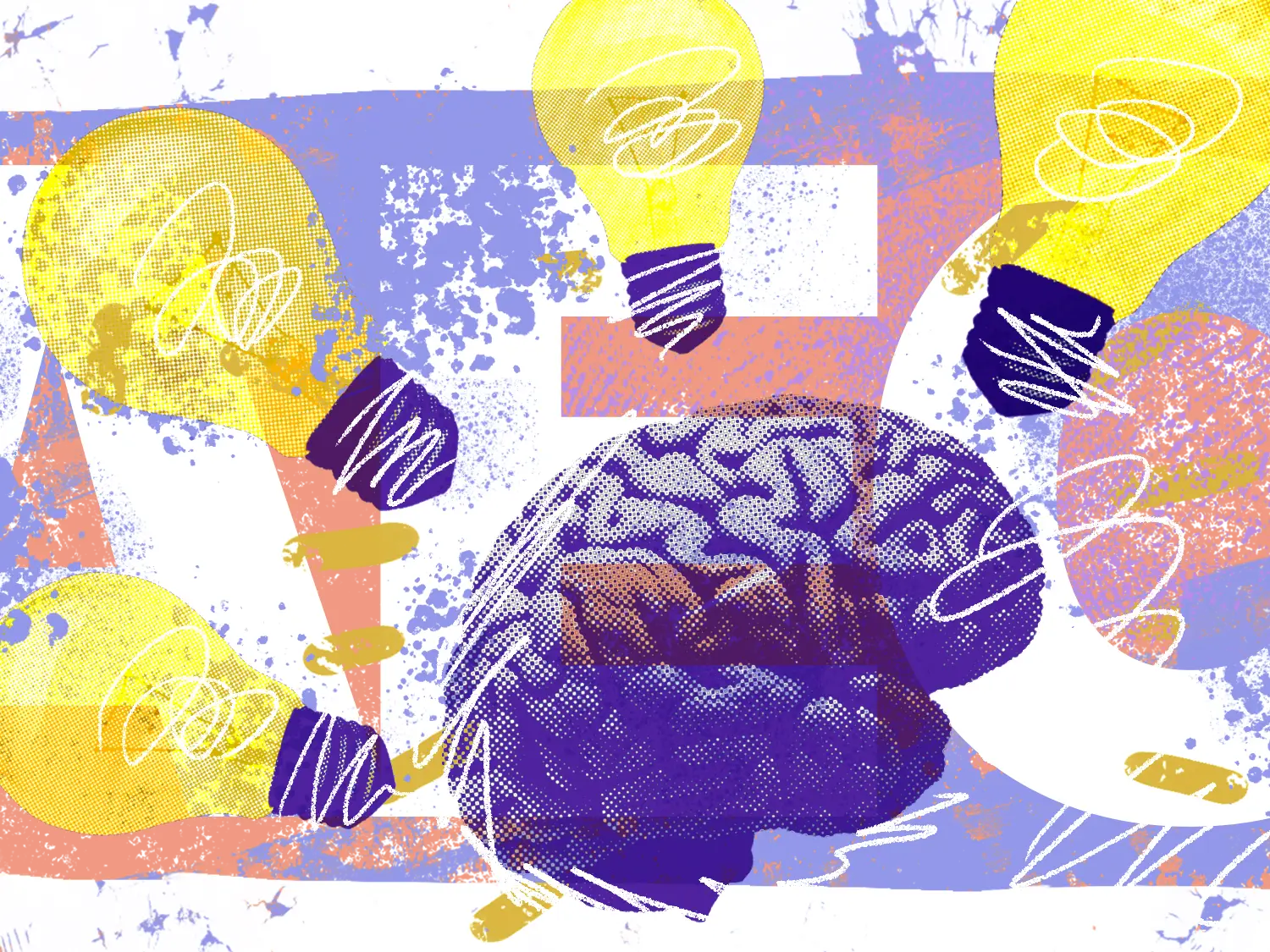 A colorful image with a brain, lightbulbs, and graffiti-style details