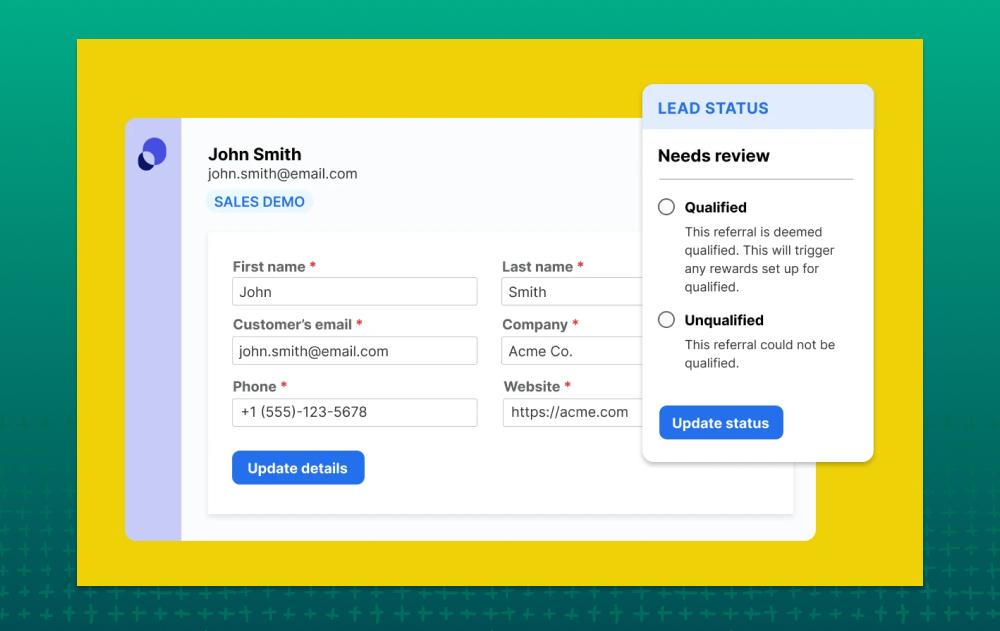 Green and yellow background with screenshot from PartnerStack showing a lead submission form