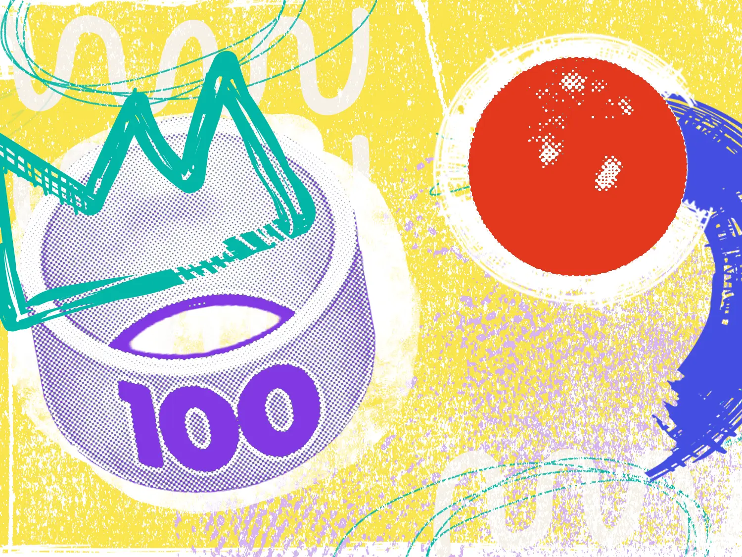A colorful illustration showing a crown, a ball, and a target in a game.