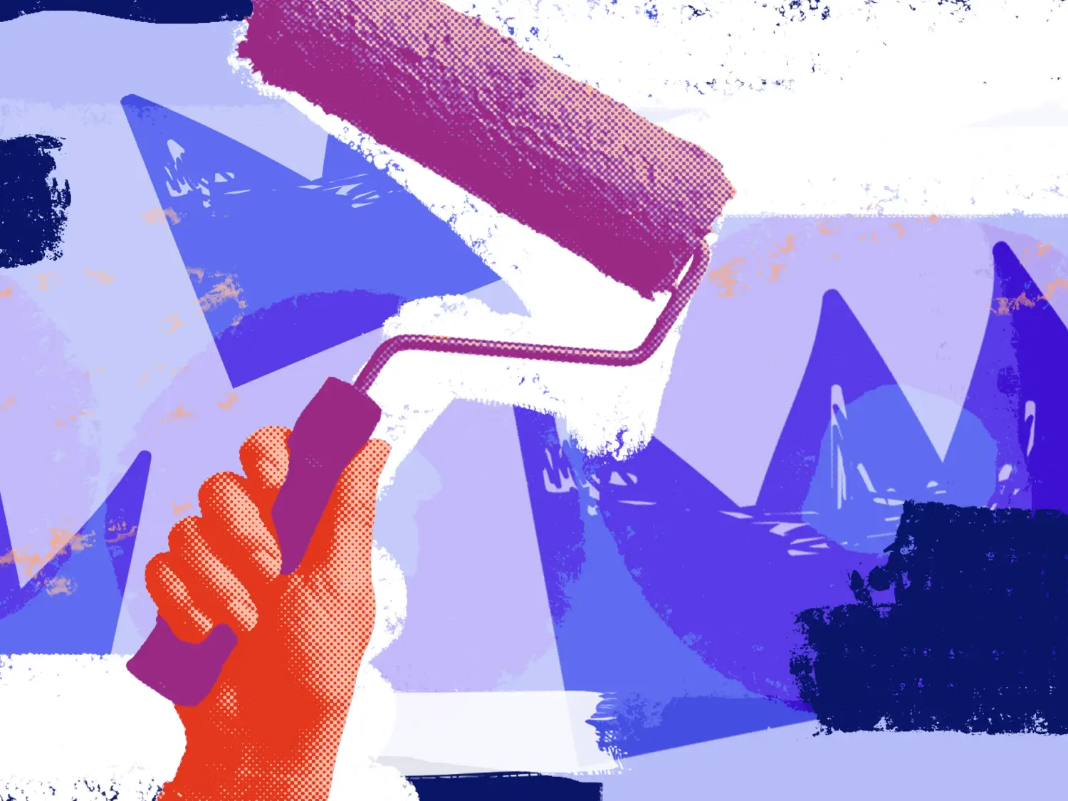 A hand holding a paint roller in front of an abstract graffiti-style background