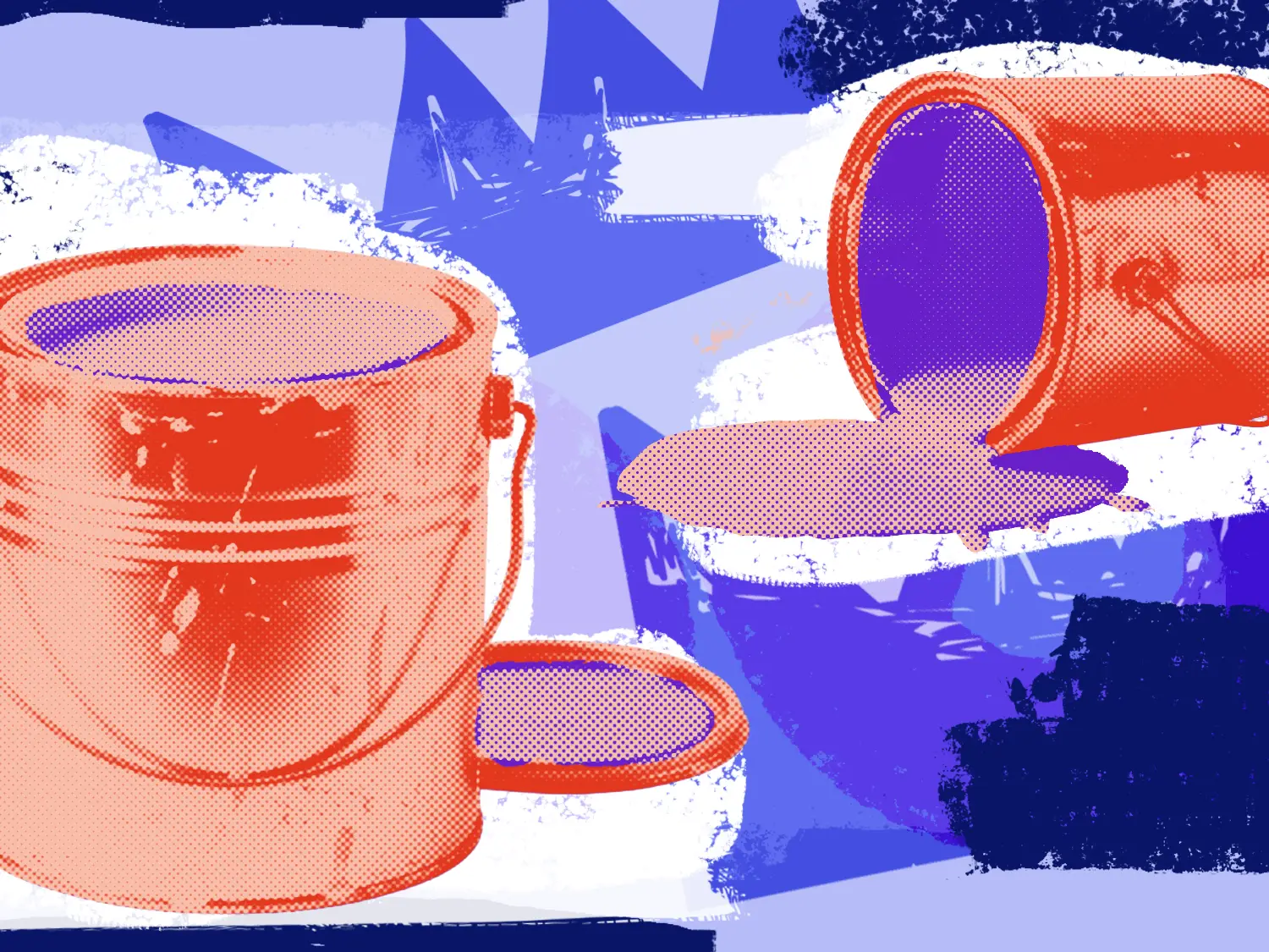 Two open cans of paint in front of an abstract graffiti-style background