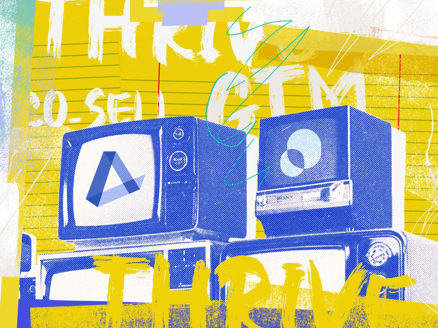 Rows of old-fashioned TVs, including one with an AppDirect logo on the screen and one with a PartnerStack logo on the screen.