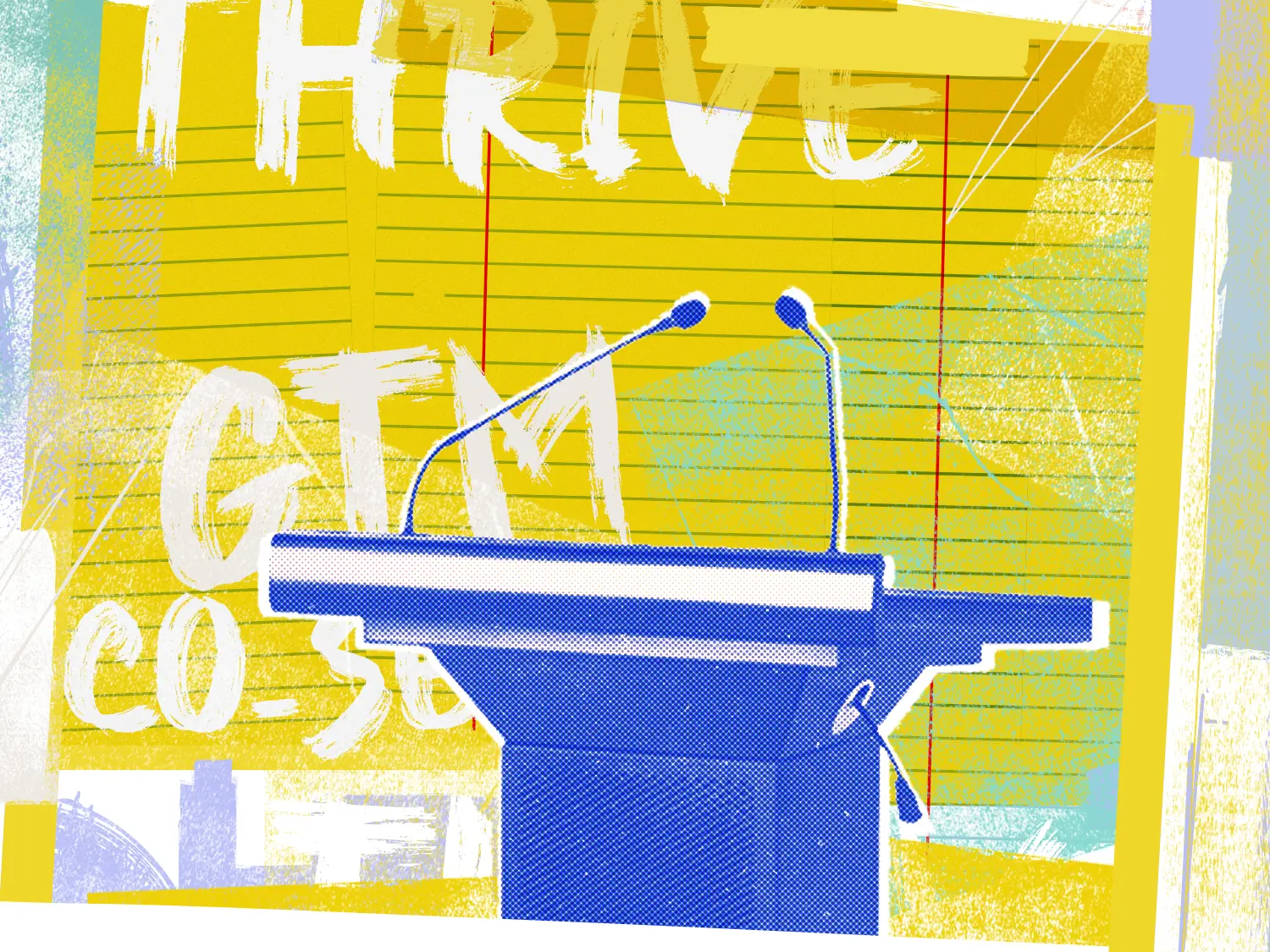 A graphic showing a speaker's lectern in front of an abstract design that says "Thrive"