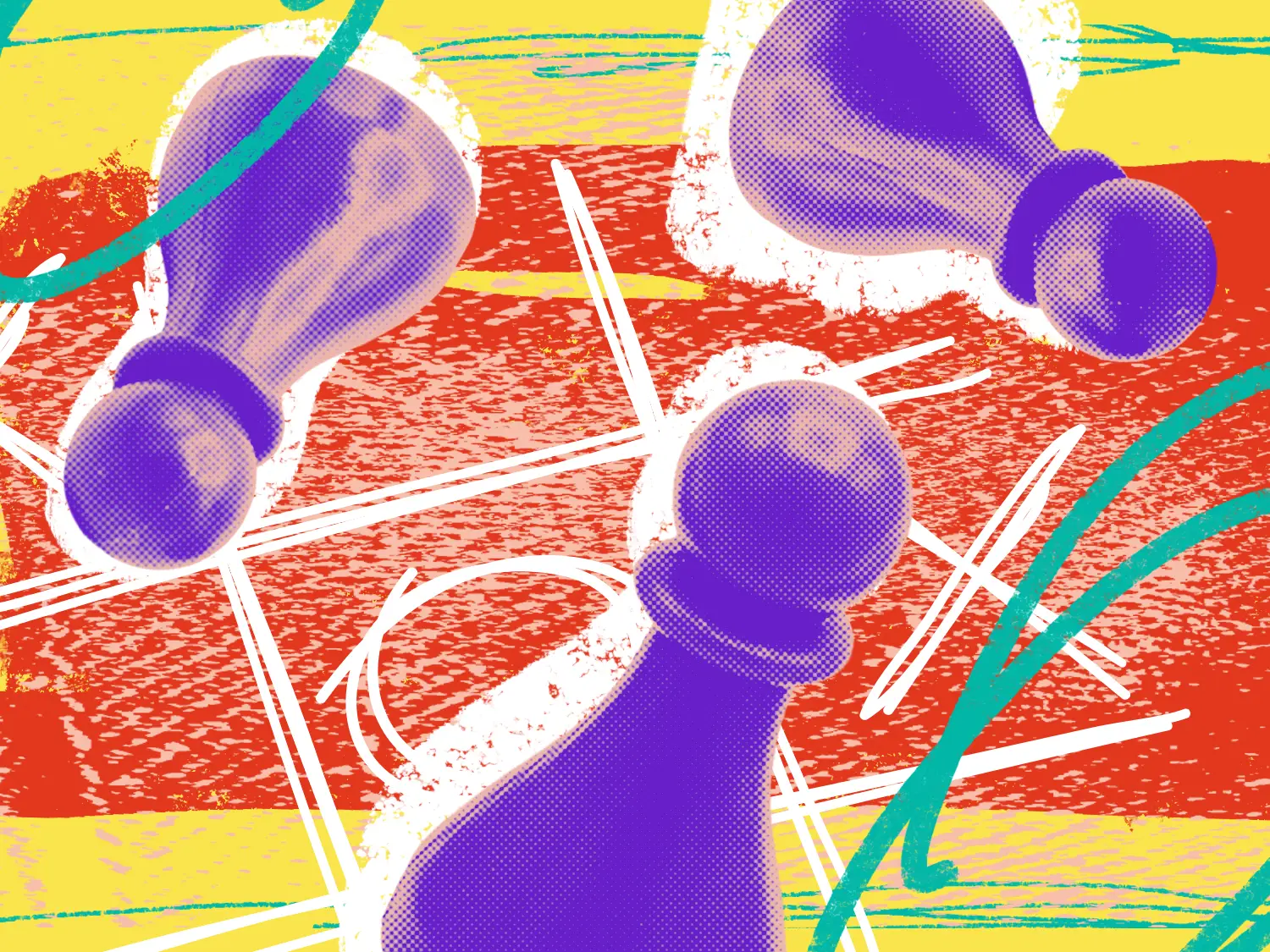 A colorful, abstract graphic showing three board game pieces