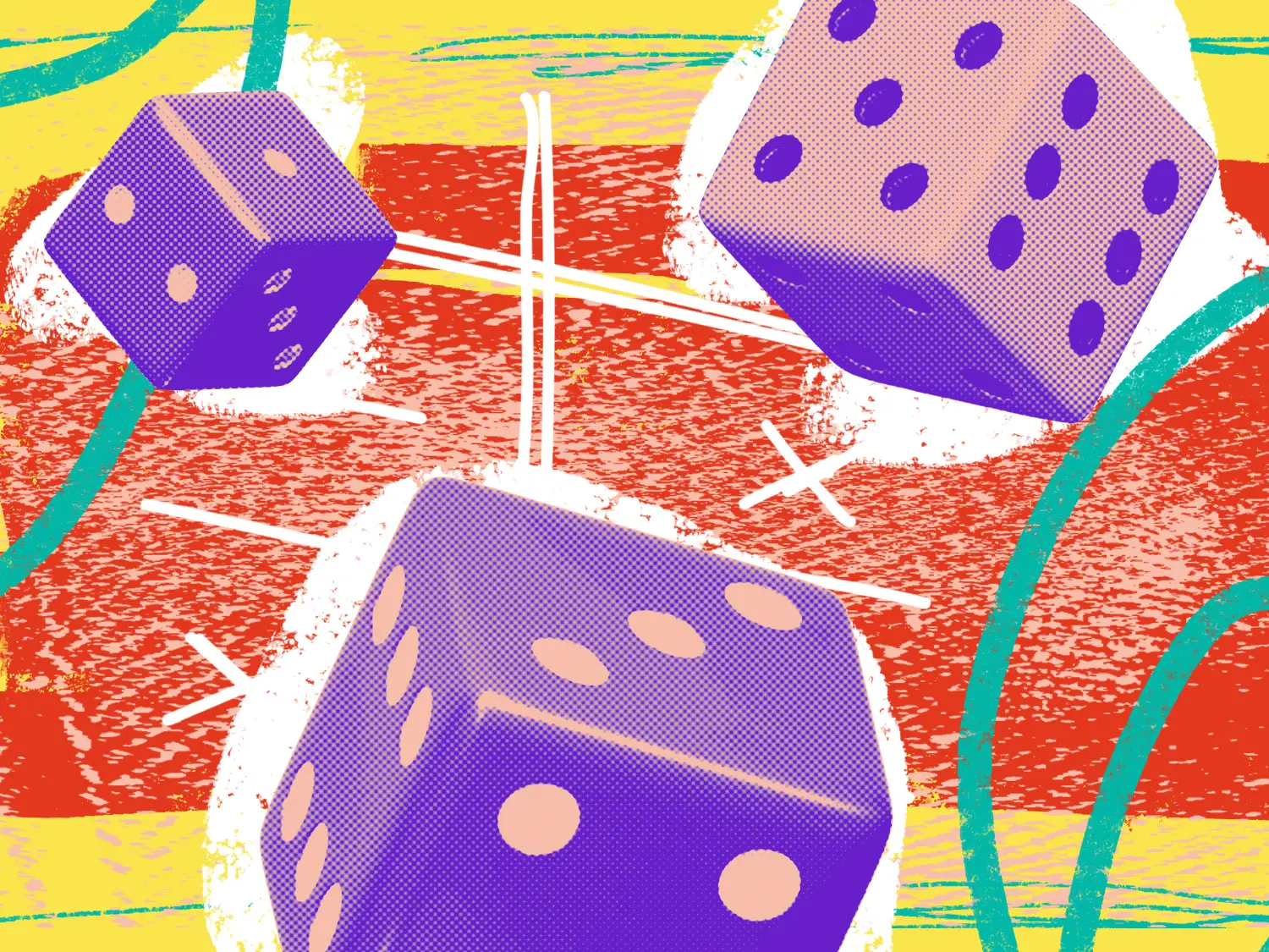 A colorful, abstract graphic showing three board game dice