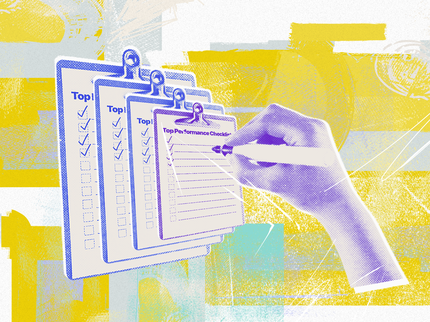 A hand poised to write on a stack of four clipboards. Each clipboard has the heading Top Performance Checklist at the top.