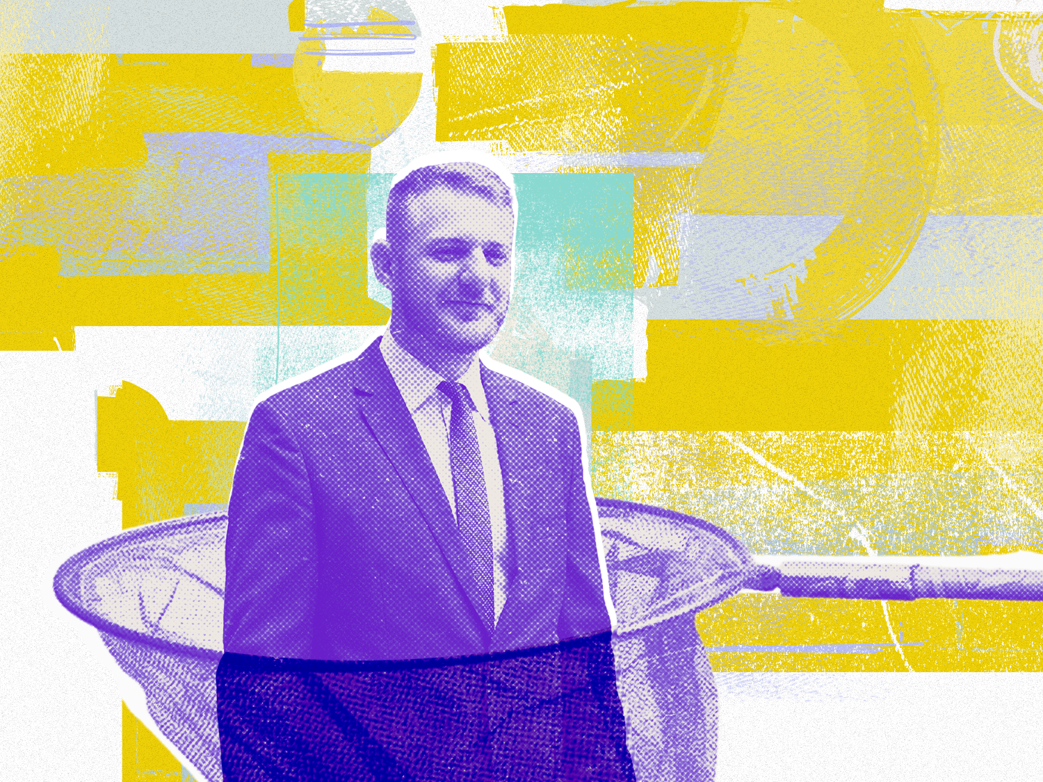 A smiling man in a professional suit, standing with an oversized butterfly net that symbolizes that he's an affiliate partner that a company would like to include in their program