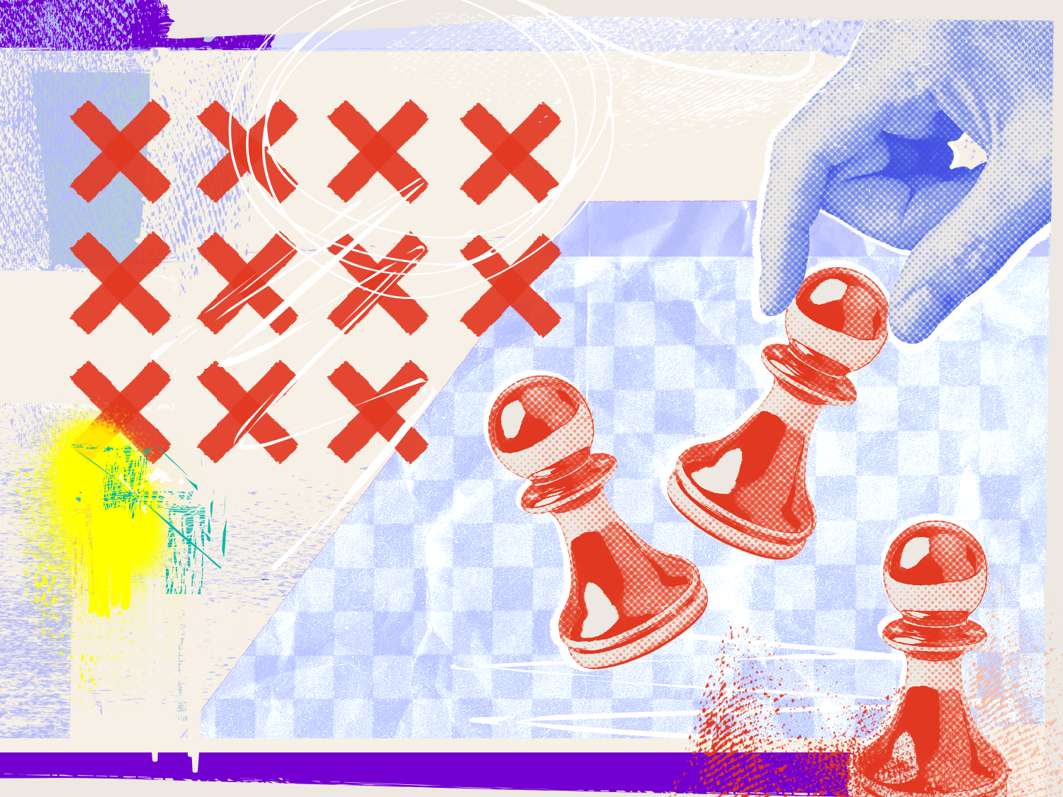 A graphic design shows rows of Xs on one side and chess pieces on the other