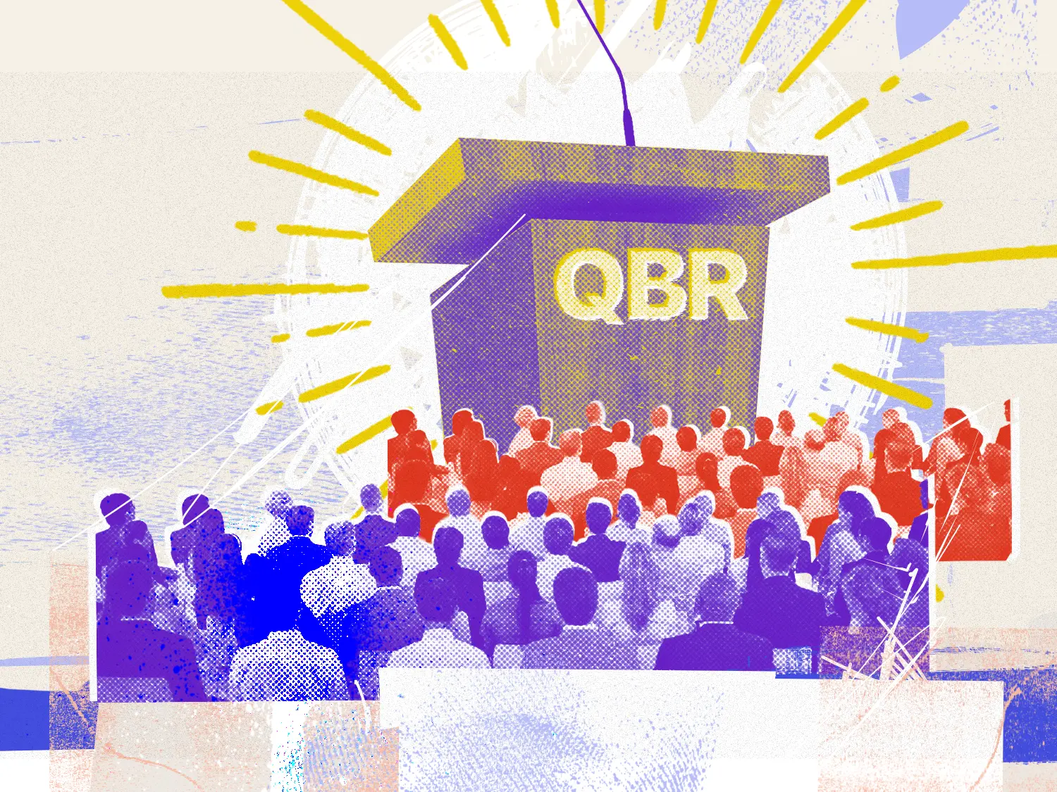 An abstract graphic showing rows of people looking up at a stylized lectern that says "QBR" on the front