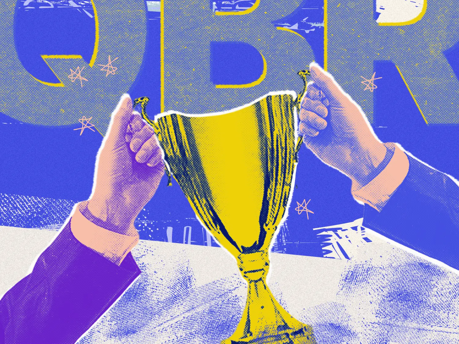 A graphic showing two hands holding a trophy in front of the letters "QBR"