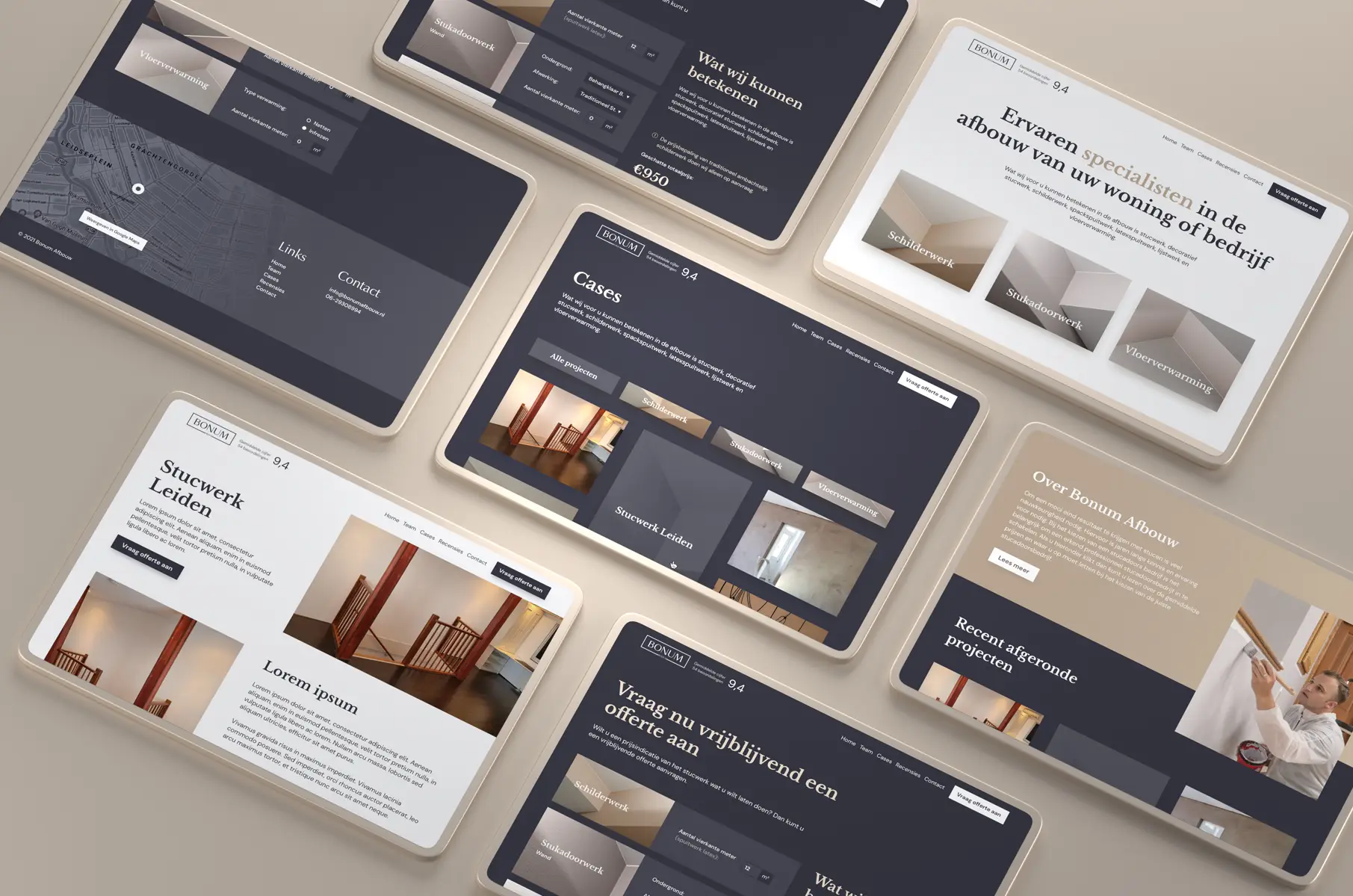 Elegant website design for Bonum Afbouw – showcasing craftsmanship in plastering, painting, and flooring with warm beige tones and professional photography, designed by Boldbase web design agency in Amsterdam.
