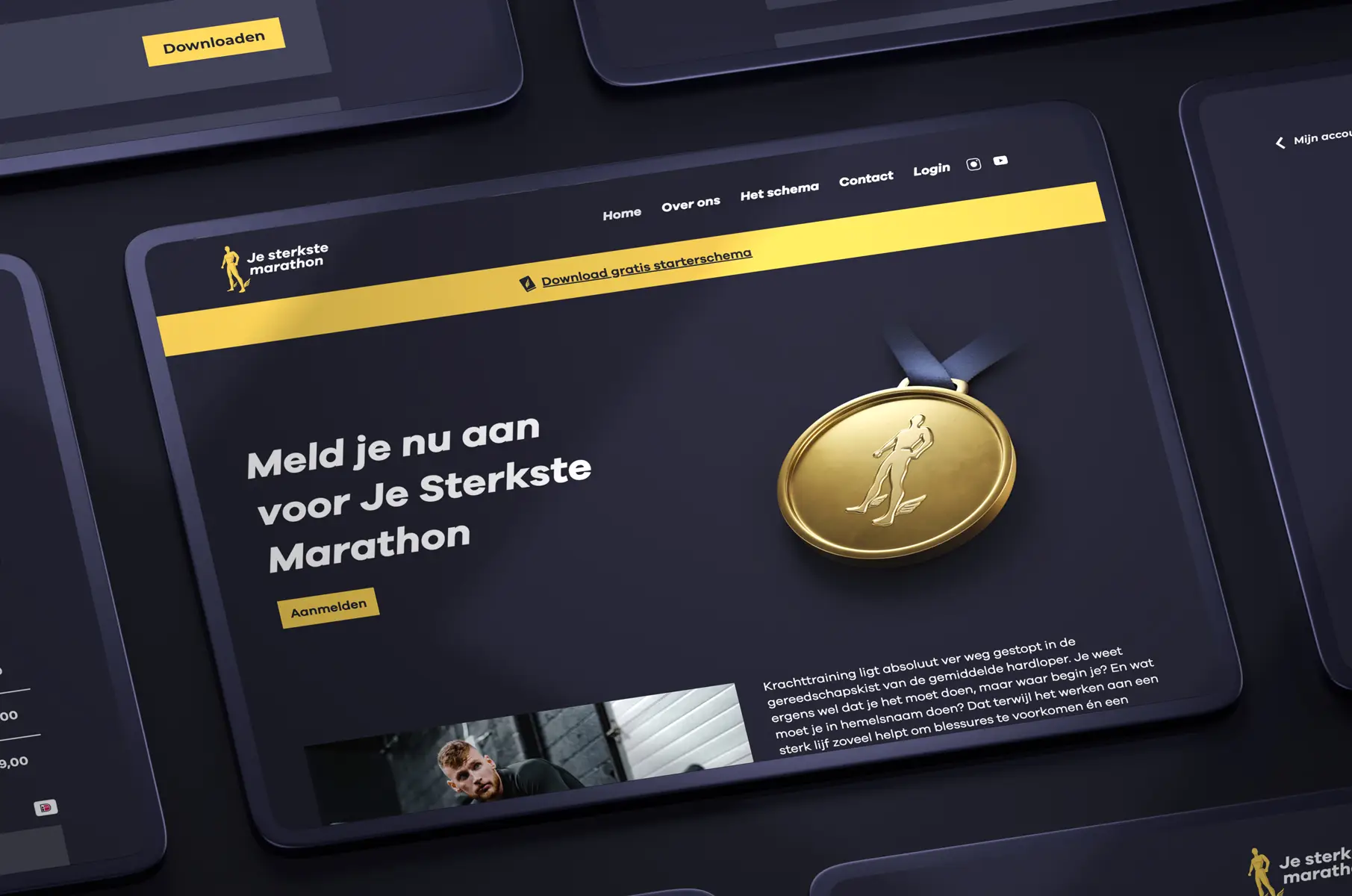Bold web design for Je Sterkste Marathon – a high-energy fitness brand featuring a gold medal visual and strong black-and-yellow color palette, designed by Boldbase Amsterdam.

