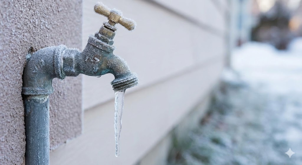 Frozen outdoor faucet covered in frost with an icicle, illustrating winter water damage risks in Walla Walla."