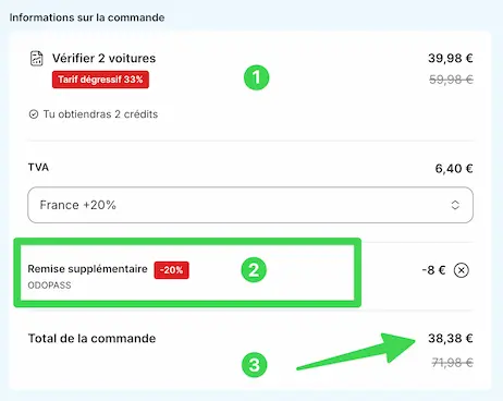 saisie code de reduction Odopass pour reductions de CarVervtical