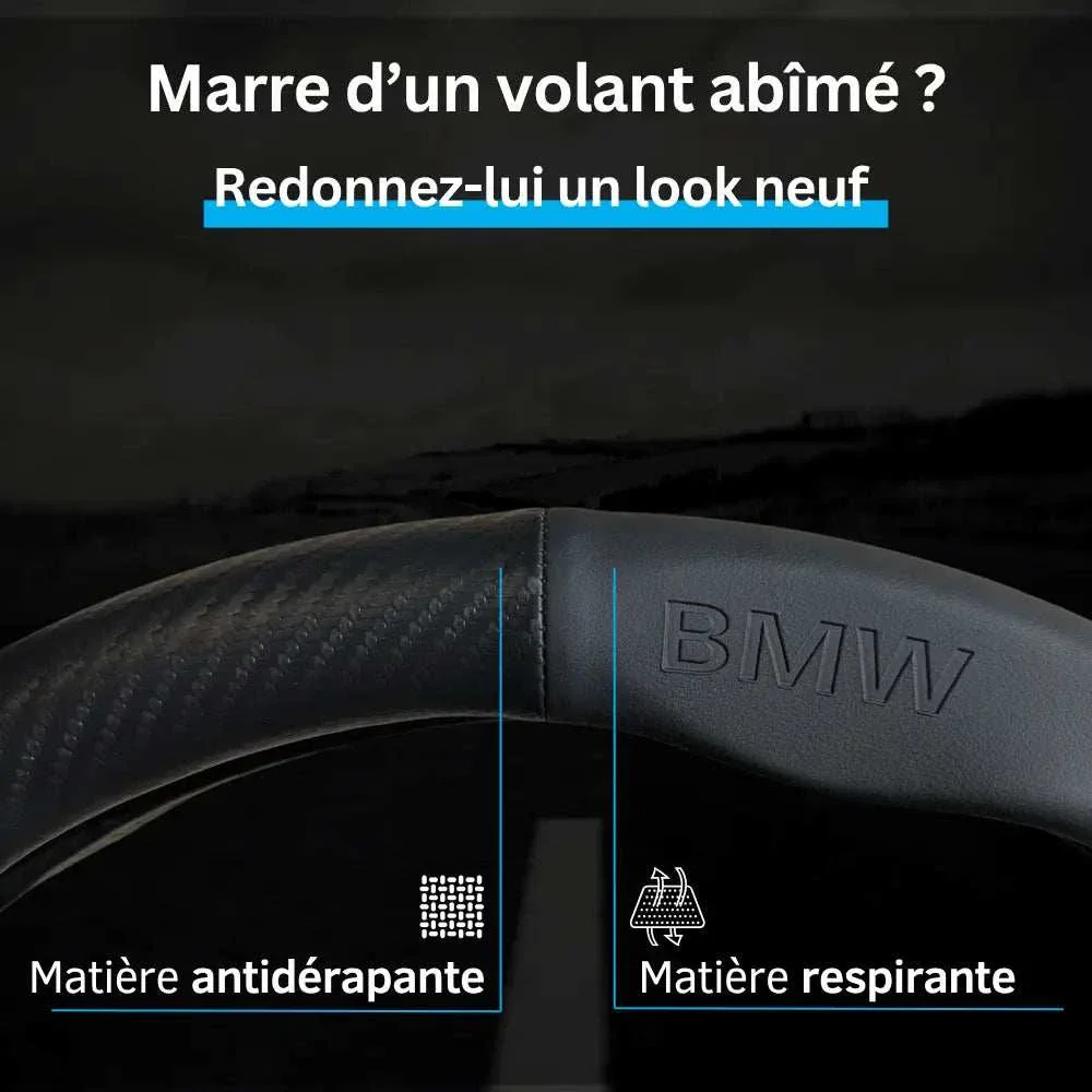 couvre volant logo bmw simili cuir effet fibre de carbone couture 