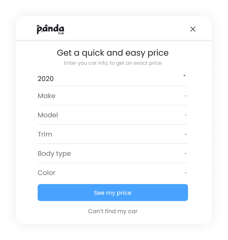 Step one of Panda Hub's booking process showing car year, make, model, trim, body type, and color fields to get a personalized auto detailing quote
