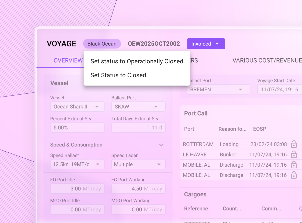 Sedna VMS Settle & Comply screen showing voyage settlement and compliance calculations
