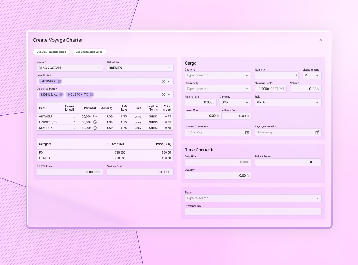 Sedna VMS Estimate & Plan screen comparing voyage cost scenarios and routes before fixing