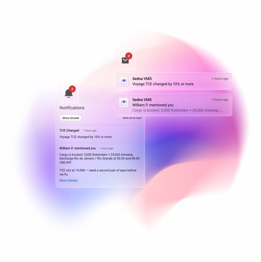 Sedna VMS Alerts screen highlighting voyage exceptions that need attention