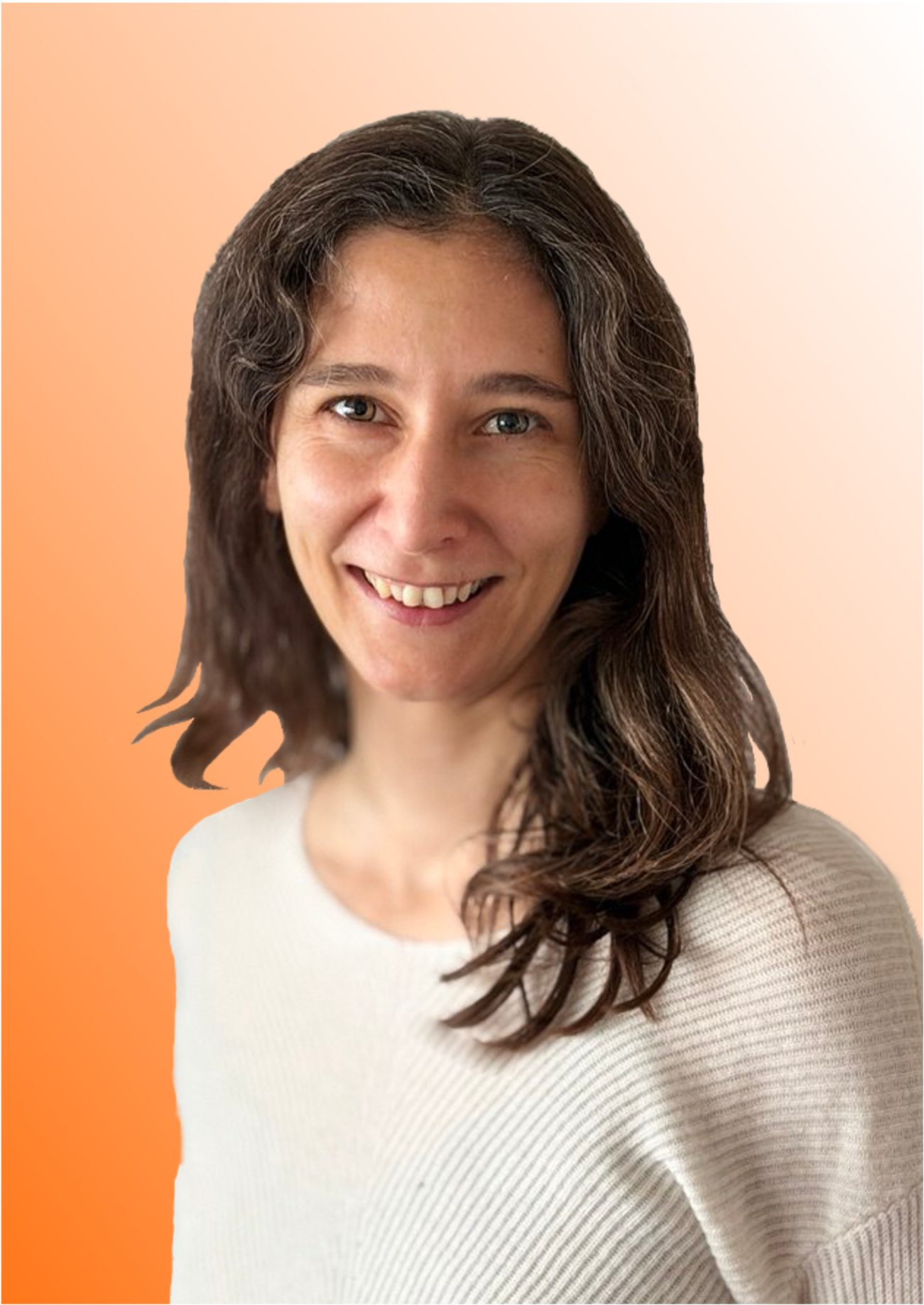 Smiling woman with long brown hair wearing a white ribbed sweater against an orange gradient background.