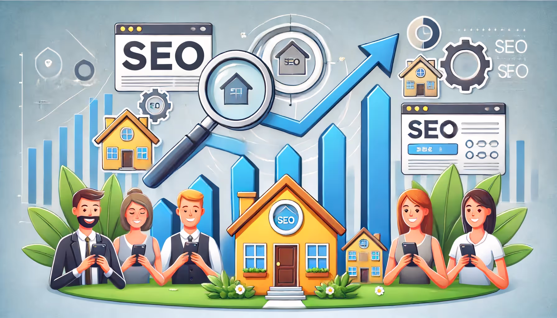 A cartoon of people and a house with a magnifying glass on it.