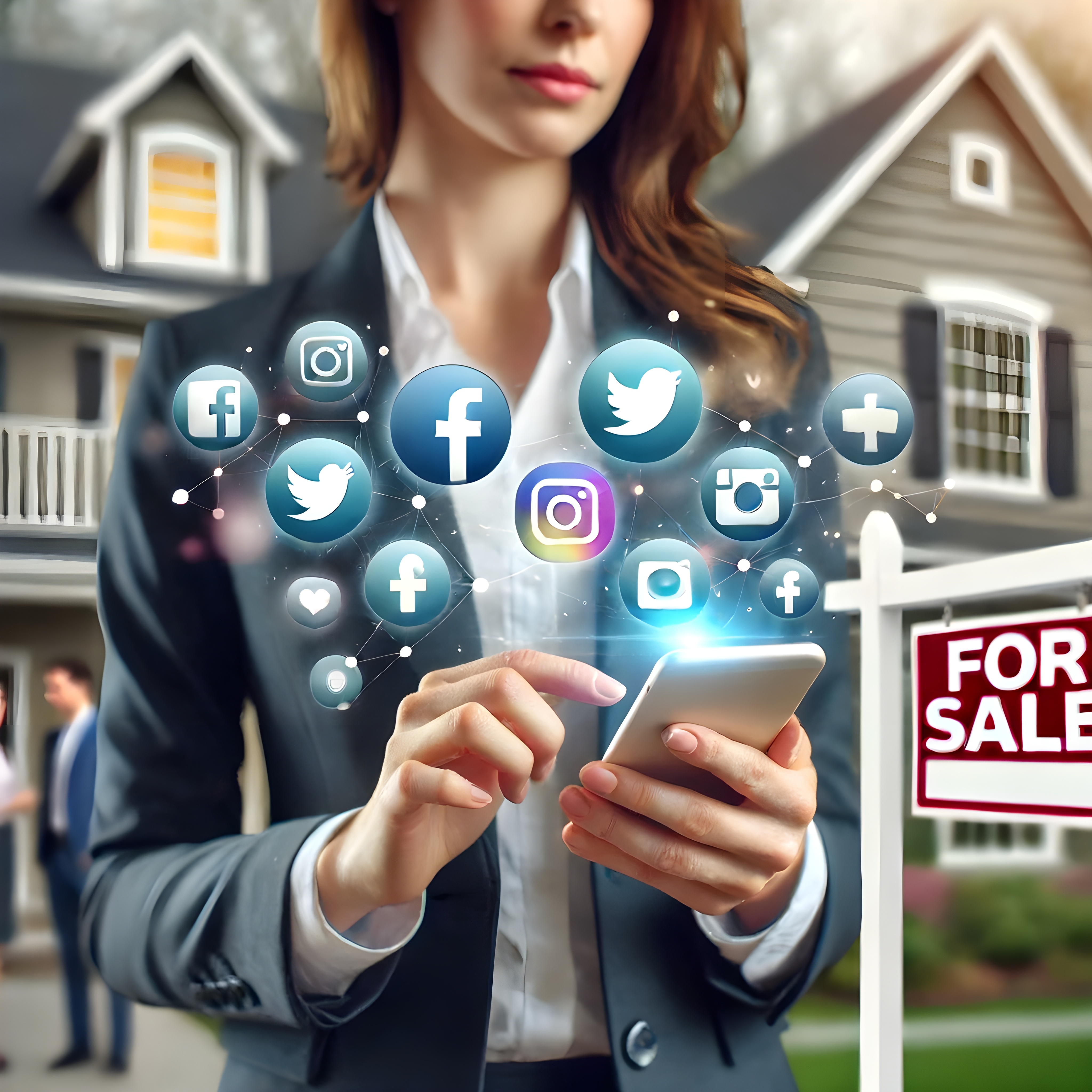 A woman holding a cell phone with a sign for sale in the background.