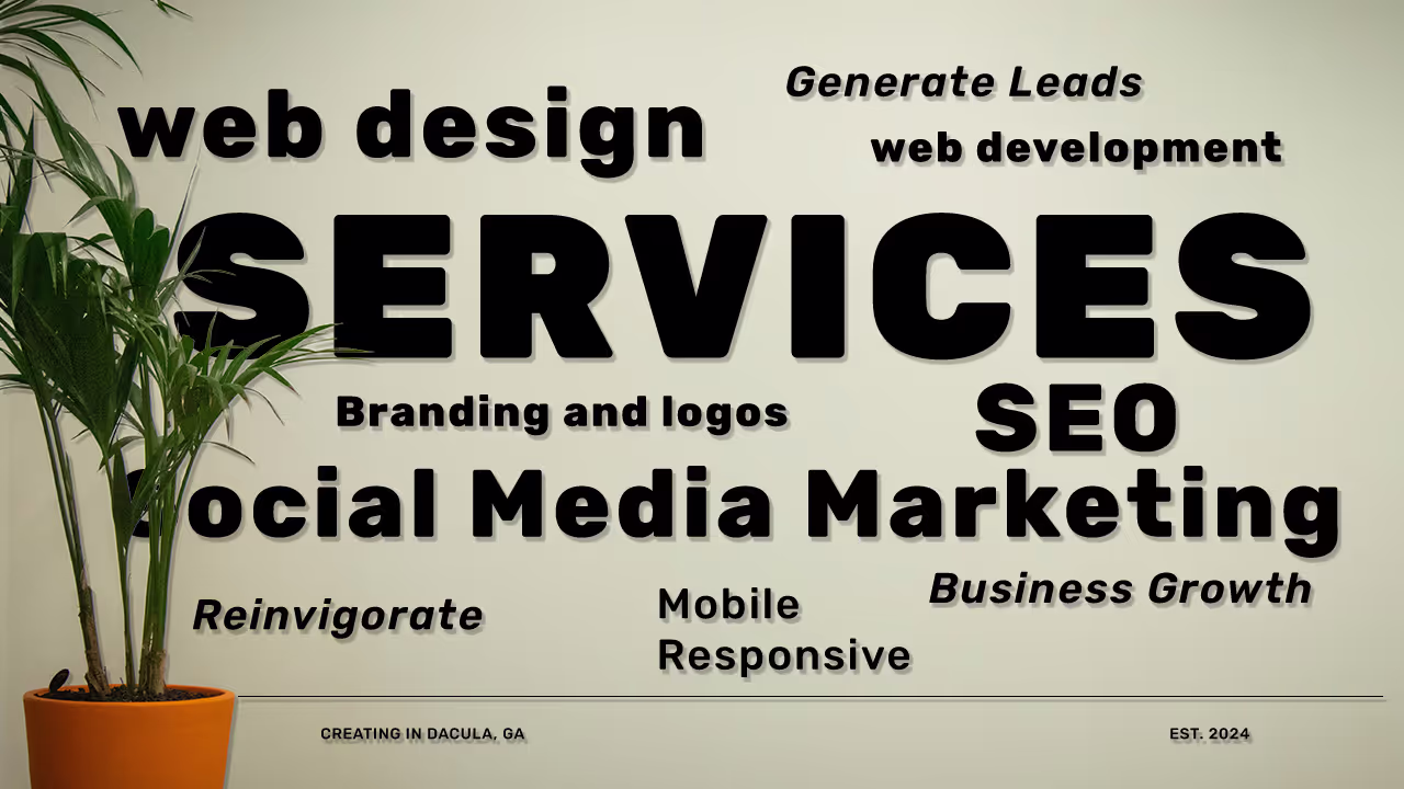A potted plant with a sign that says web design services.