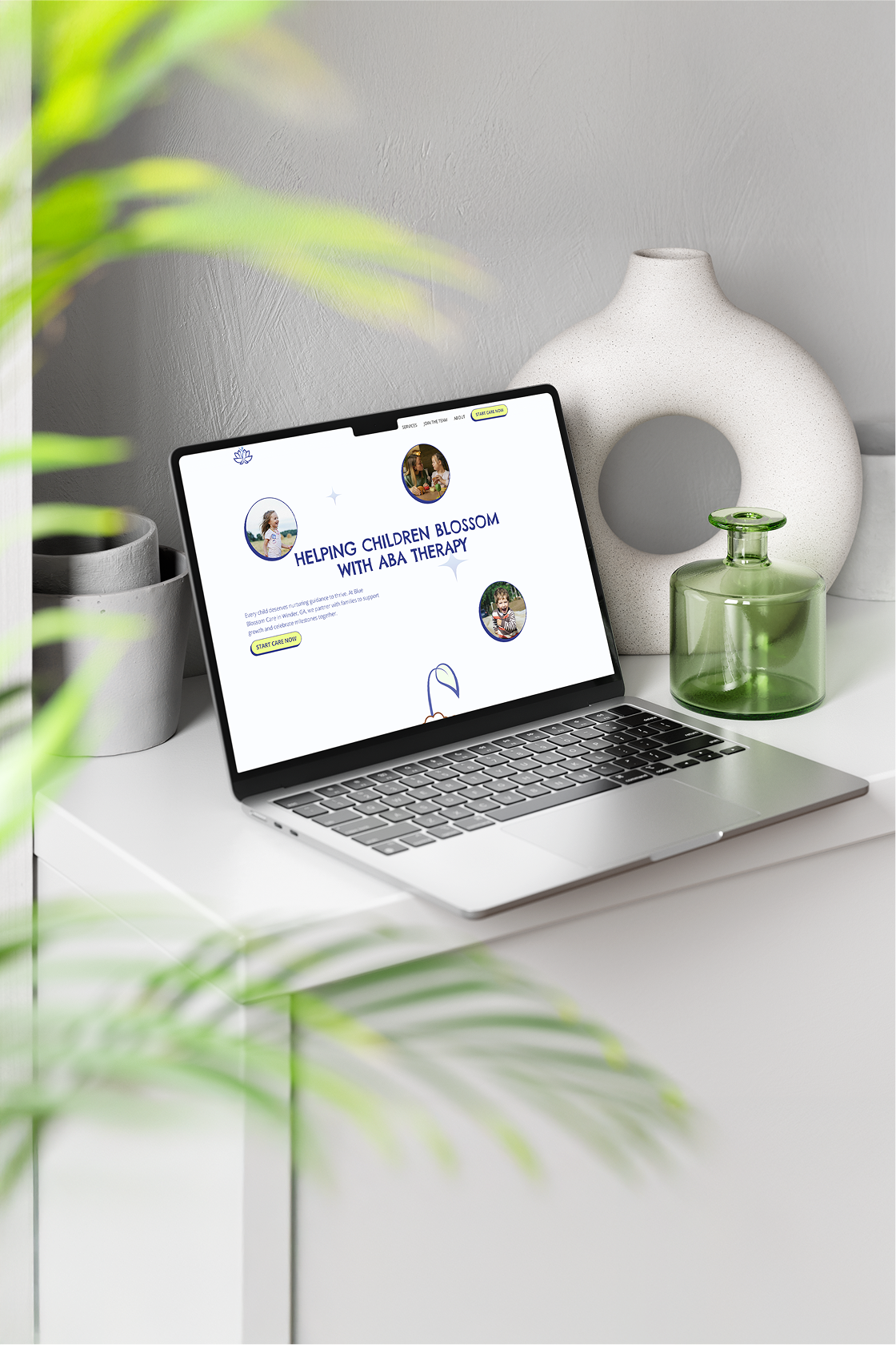 laptop sitting on credenza with website open
