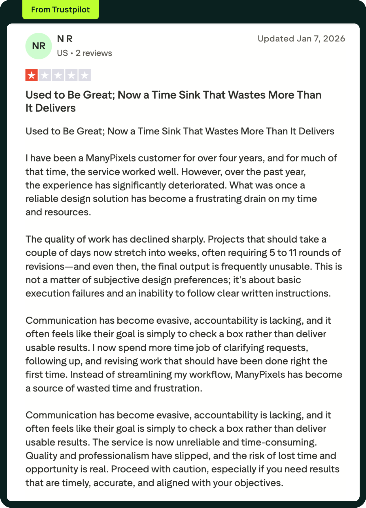 Trustpilot review of ManyPixels