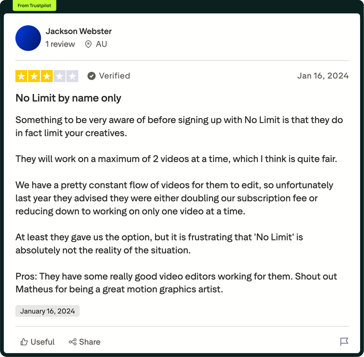 No Limit Creatives Trustpilot Review
