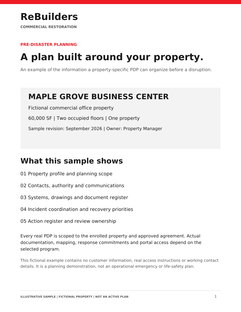 Cover of the fictional Maple Grove Business Center sample pre-disaster plan