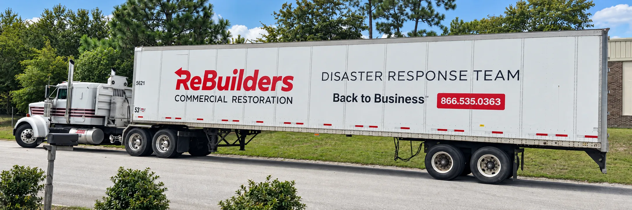 ReBuilders Commercial Restoration tractor and 53-foot disaster response trailer.
