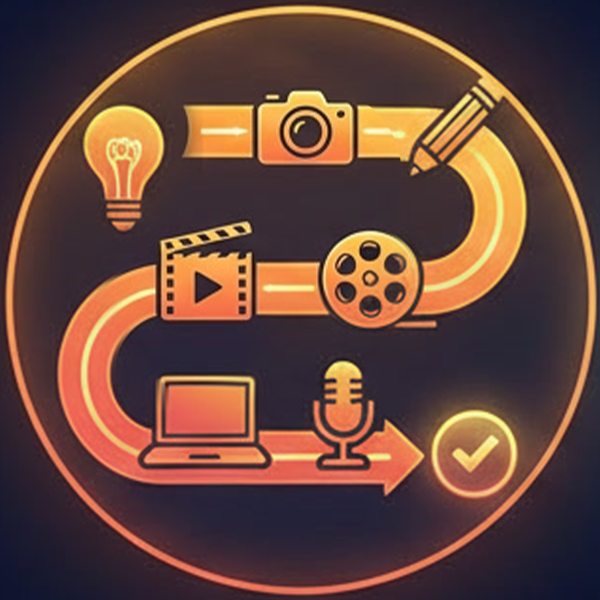 Circular flowchart with icons of lightbulb, camera, pencil, filmstrip, movie reel, laptop, microphone, and checkmark.