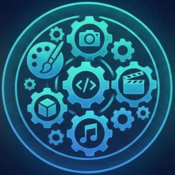 Blue glowing gears with icons for paintbrush, camera, code, clapperboard, cube, and music note.