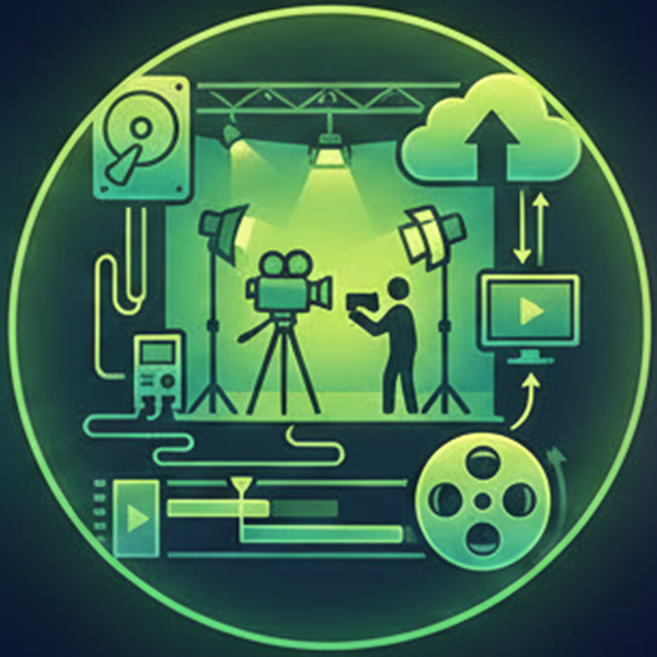 Illustration of video production with camera, lights, film reel, editing timeline, and cloud upload.