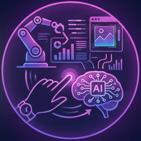 Neon illustration of AI brain, robotic arm, data charts, and a hand interacting with digital interface.